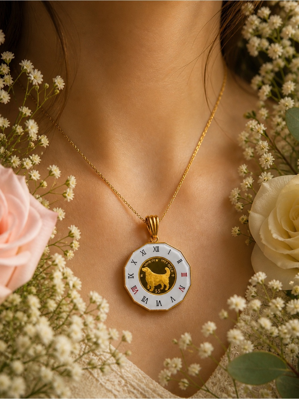 18k Japan gold 4.74g and 24k in the middle w/ glassTuvalu  Dog Pendant Necklace
